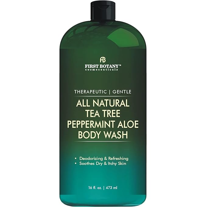 First Botany All Natural Tea Tree Body Wash - Fights Body Odor, Athleteâ€™s Foot, Jock Itch, Dandruff, Acne, Eczema, Yeast Infection, Shower Gel for Women & Men, Peppermint Oil Skin Cleanser 16 oz